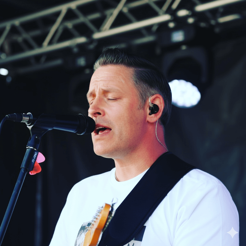 Lead vocalist singing passionately with stage lighting