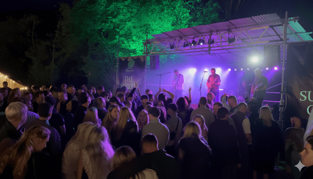The Passengers performing at Surrey Oaks Festival with large crowd